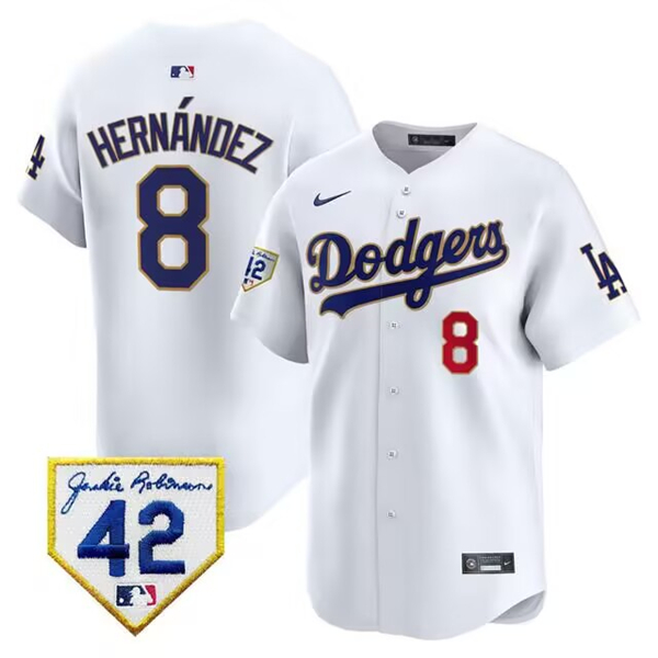 Los Angeles Dodgers #8 Enrique Hern??ndez White 2024 Jackie Robinson Patch Stitched Jersey